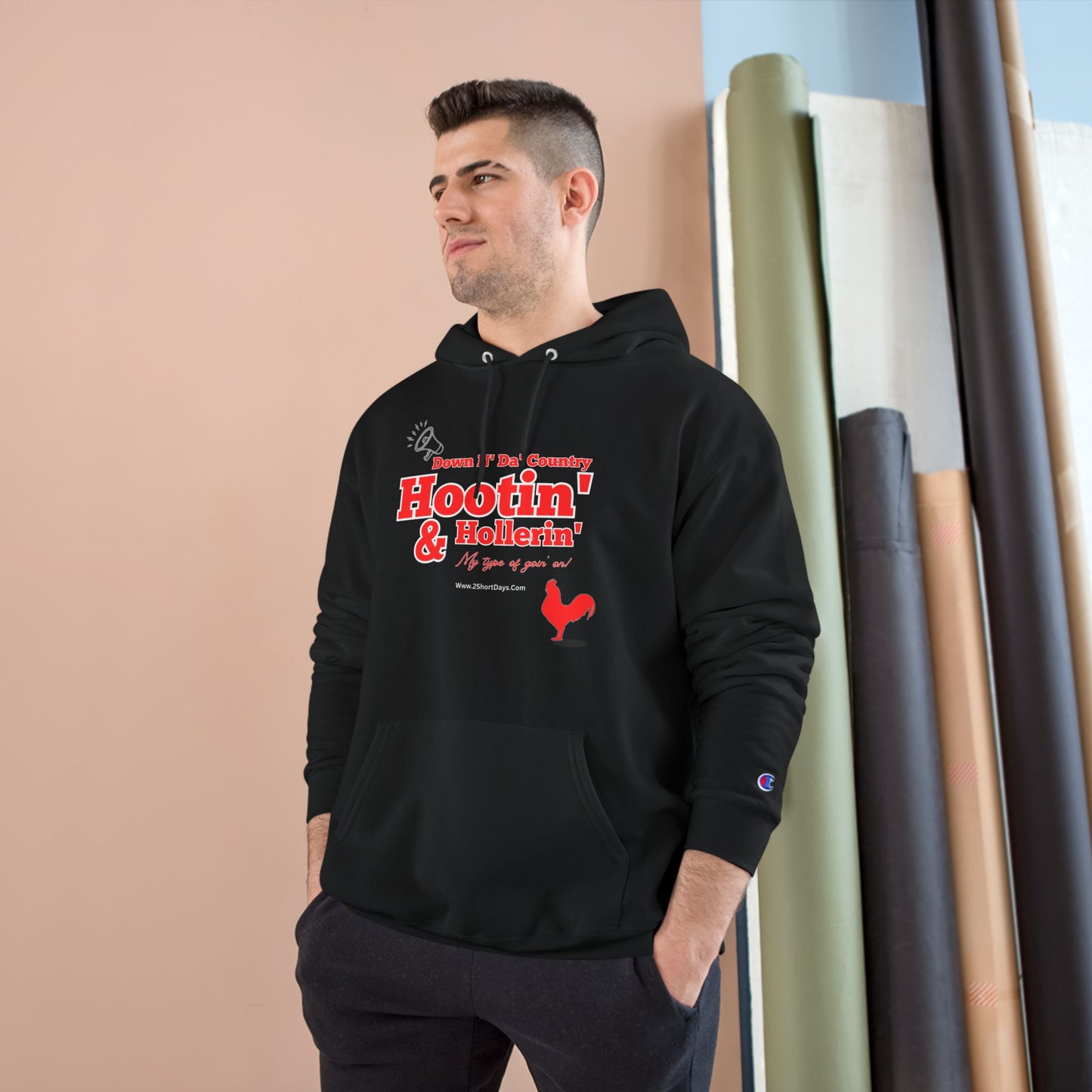 Hootin'& Hollerin' - Plain - Black - Champion Hoodie - Cozy Urban Apparel, Gift for RV Lovers, Camping Sweatshirt, Statement Hoodie, Travel Clothing